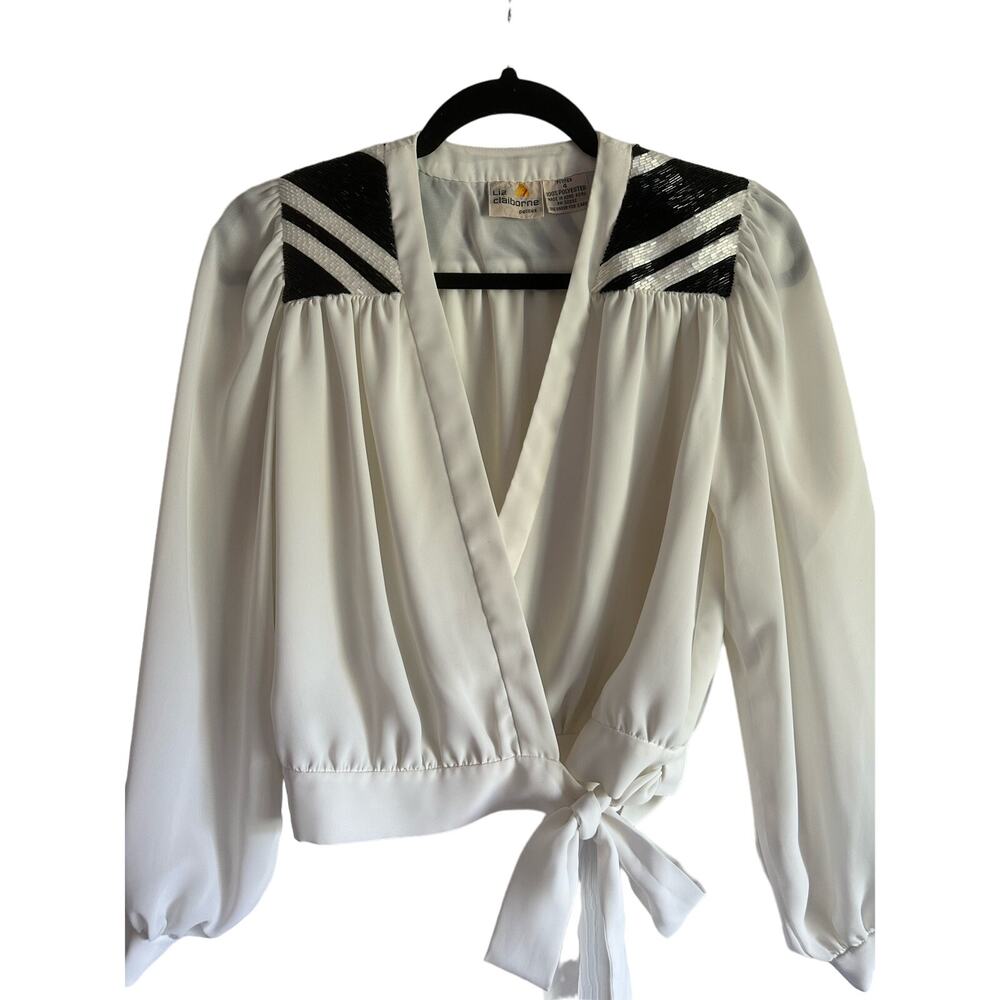 Vintage 80s Liz Claiborne Beaded Yoke Chiffon Wrap Top Size 4 Petite